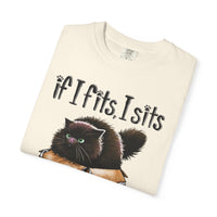 If I Fits I Sits, Cat in a Box - Comfort Colors | Trendy Women's and Men's T-Shirt. Direct to Garment. Printed & Shipped in the USA. Unisex Sizes.