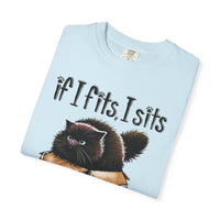 If I Fits I Sits, Cat in a Box - Comfort Colors | Trendy Women's and Men's T-Shirt. Direct to Garment. Printed & Shipped in the USA. Unisex Sizes.