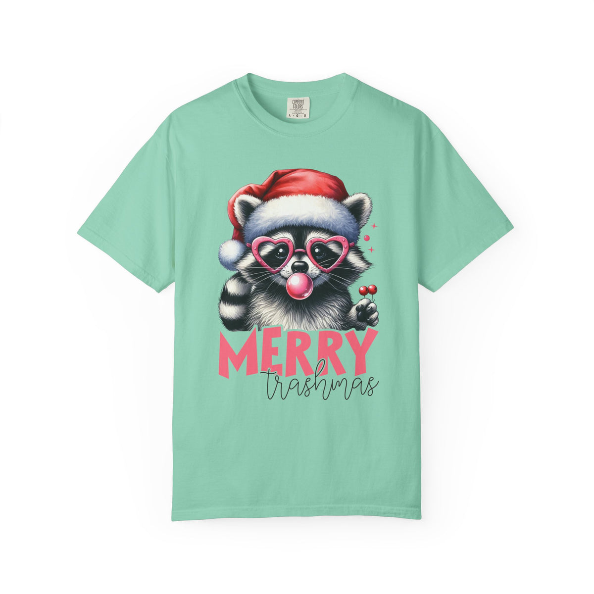 Merry Trashmas Bubblegum Raccoon w/Santa Hat Christmas - Comfort Colors | Trendy Women's T-Shirt. Direct to Garment. Printed & Shipped in the USA. Unisex Sizes.
