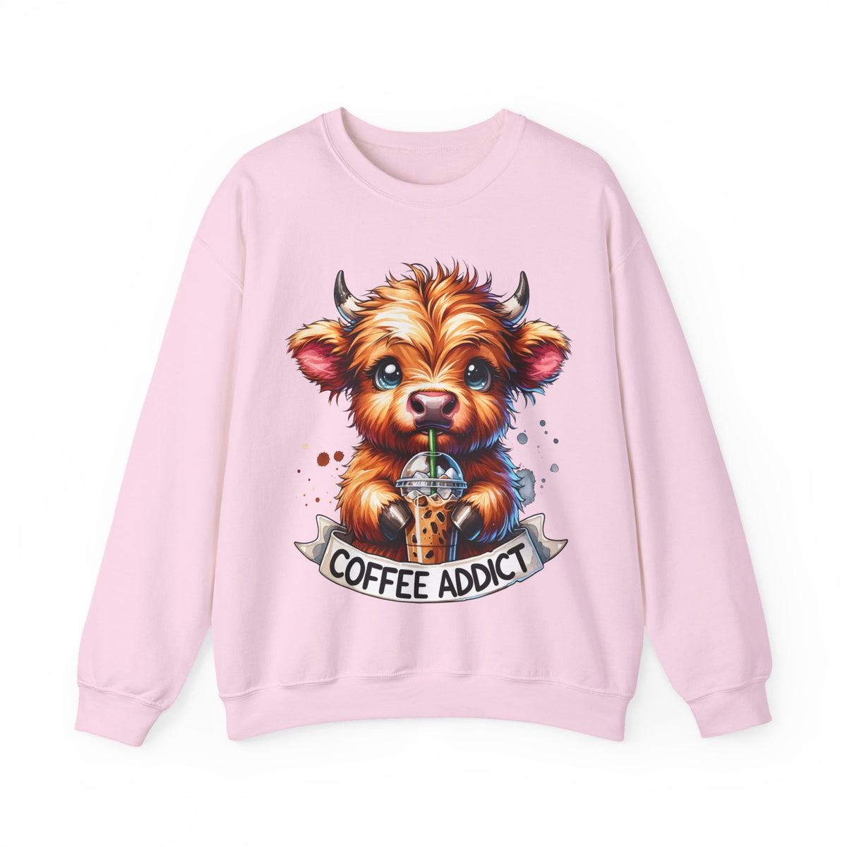 Coffee Addict Highland Cow Drinking Iced Coffee – Gildan Heavy Blend | Trendy Women’s Soft Sweatshirt. Direct to Garment. Printed & Shipped in the USA. Unisex Sizes.