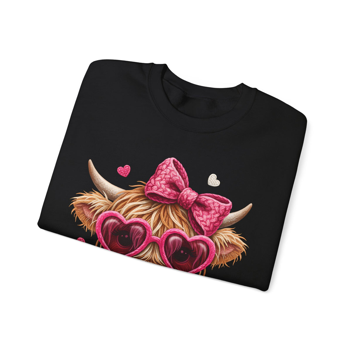 Highland Cow - Pink Heart Shaped Glasses – Gildan Heavy Blend | Trendy Women’s Soft Sweatshirt. Direct to Garment. Printed & Shipped in the USA. Unisex Sizes.
