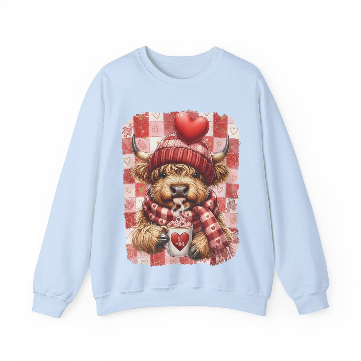 Highland Cow Be Mine, Red Checkered – Gildan Heavy Blend | Trendy Women’s Soft Sweatshirt. Direct to Garment. Printed & Shipped in the USA. Unisex Sizes.