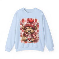 Highland Cow Be Mine, Red Checkered – Gildan Heavy Blend | Trendy Women’s Soft Sweatshirt. Direct to Garment. Printed & Shipped in the USA. Unisex Sizes.