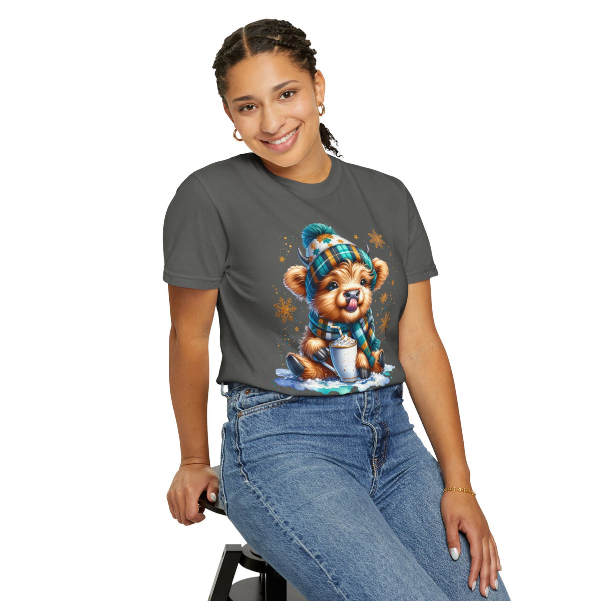 Winter Baby Highland Cow with Cocoa  - Comfort Colors | Trendy Women's T-Shirt. Direct to Garment. Printed & Shipped in the USA. Unisex Sizes.