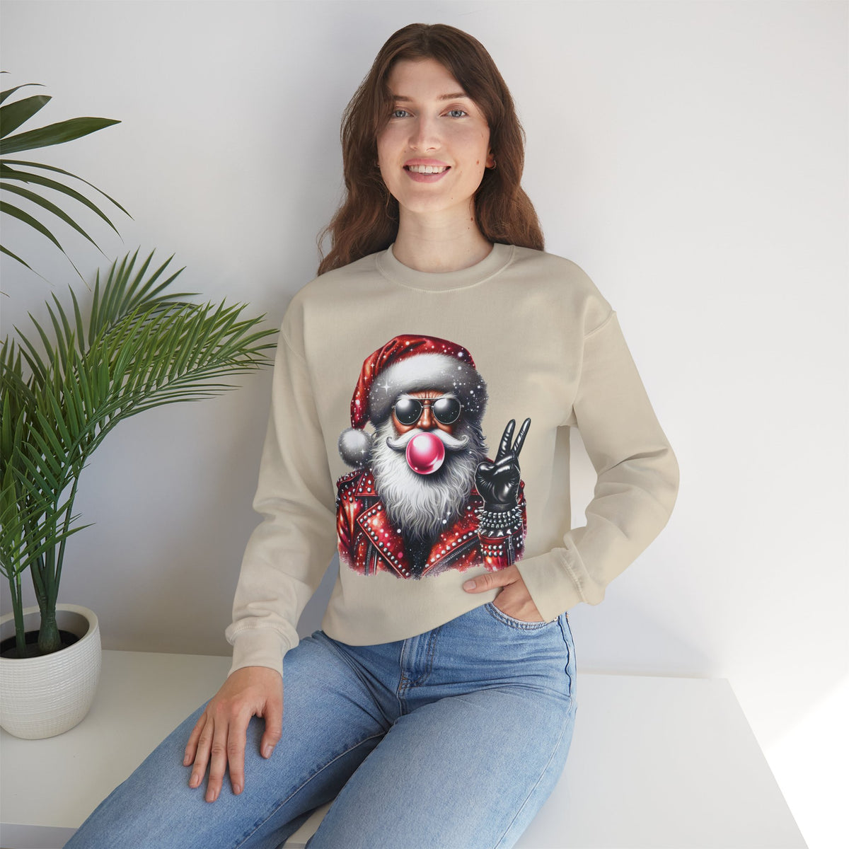 Biker Santa Leather Jacket Bubblegum – Gildan Heavy Blend | Trendy Women’s and Men's Soft Sweatshirt. Direct to Garment. Printed & Shipped in the USA. Unisex Sizes.