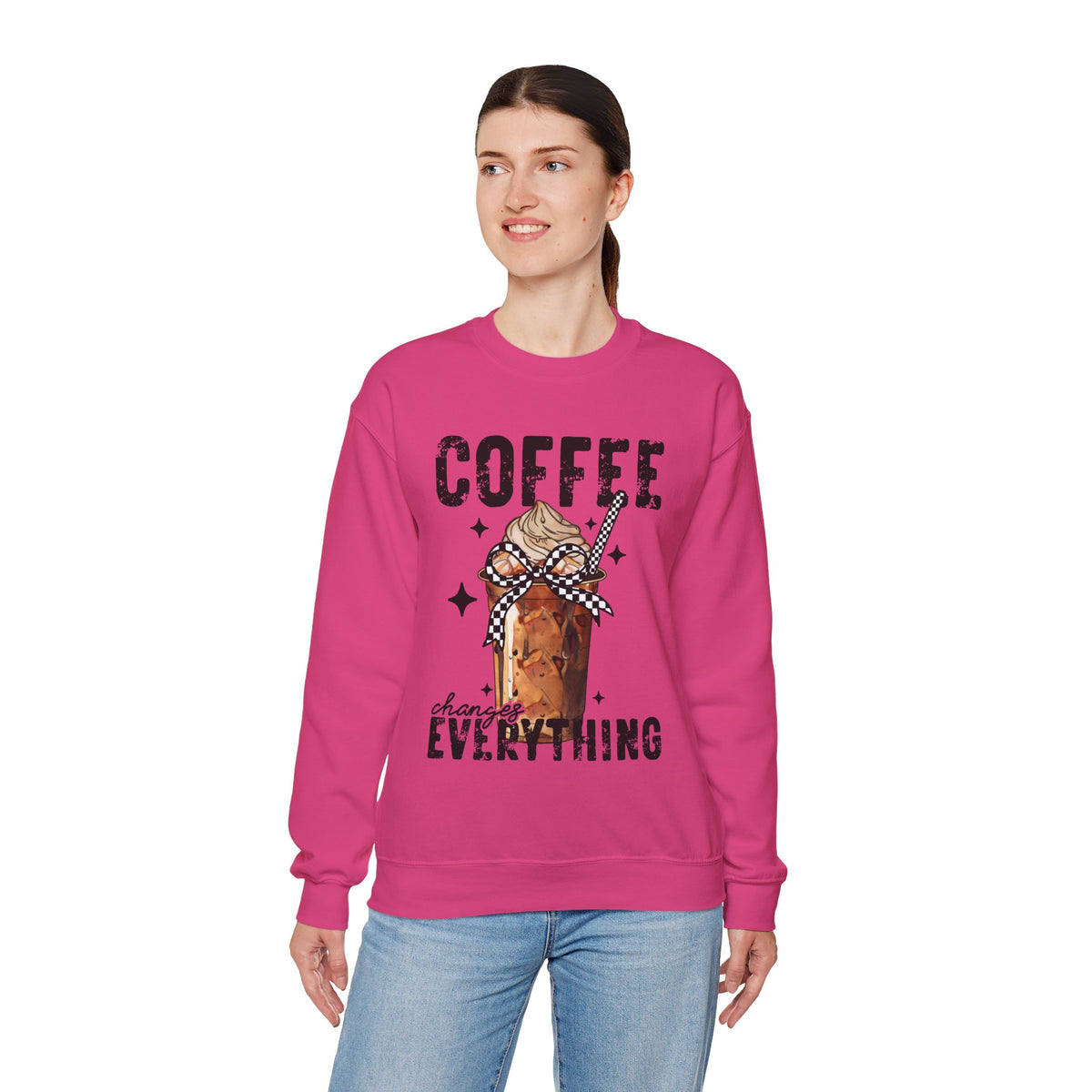 Coffee Changes Everything, Iced Coffee, Coffee Lovers – Gildan Heavy Blend | Trendy Women’s Soft Sweatshirt. Direct to Garment. Printed & Shipped in the USA. Unisex Sizes.
