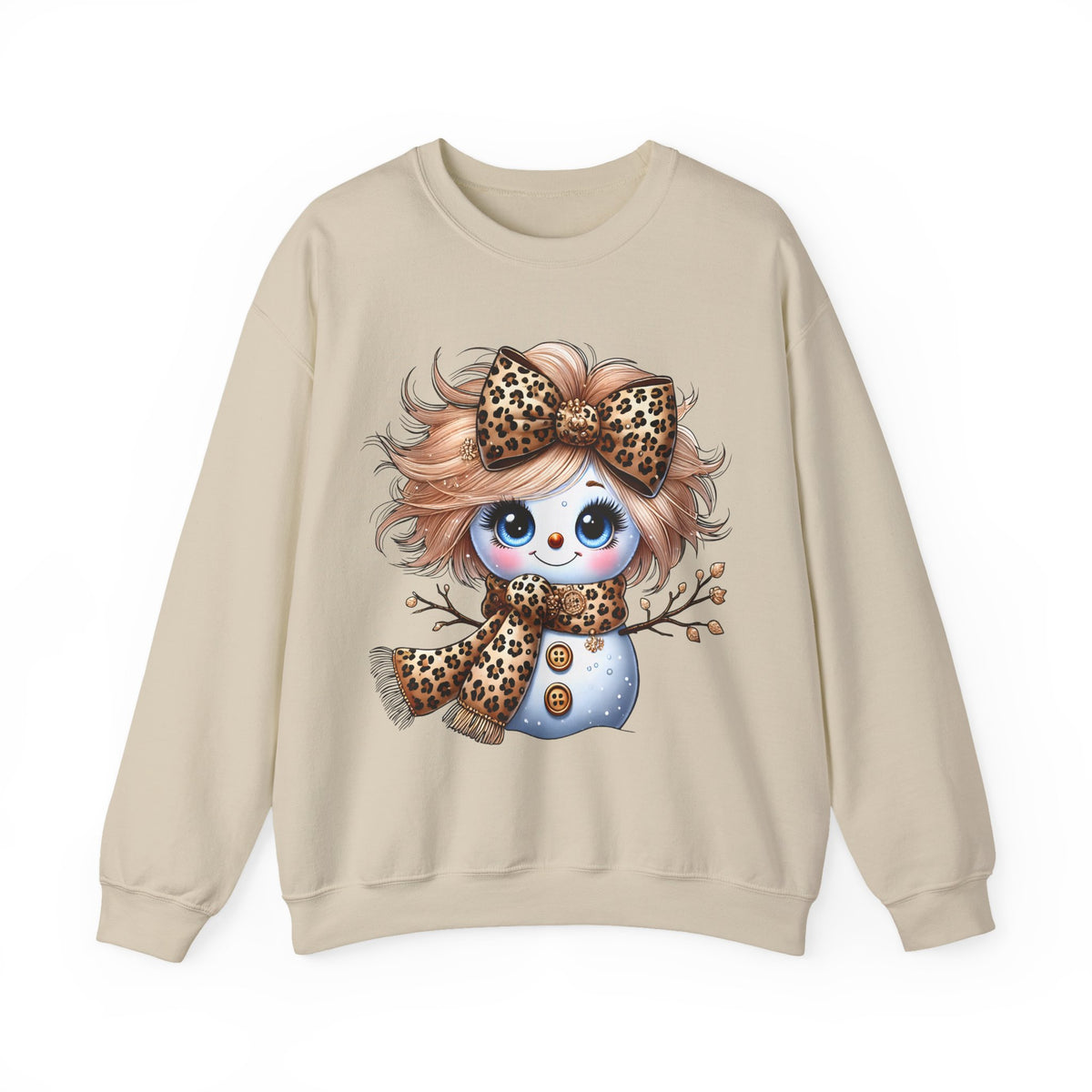 Snowgirl Cute Leopard Bow Snowman, Winter Cozy – Gildan Heavy Blend | Trendy Women’s Soft Sweatshirt. Direct to Garment. Printed & Shipped in the USA. Unisex Sizes.