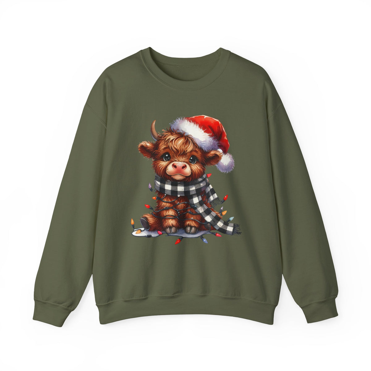 Cute Highland Cow Santa Hat Scarf Christmas Lights – Gildan Heavy Blend | Trendy Women’s Soft Sweatshirt. Direct to Garment. Printed & Shipped in the USA. Unisex Sizes.