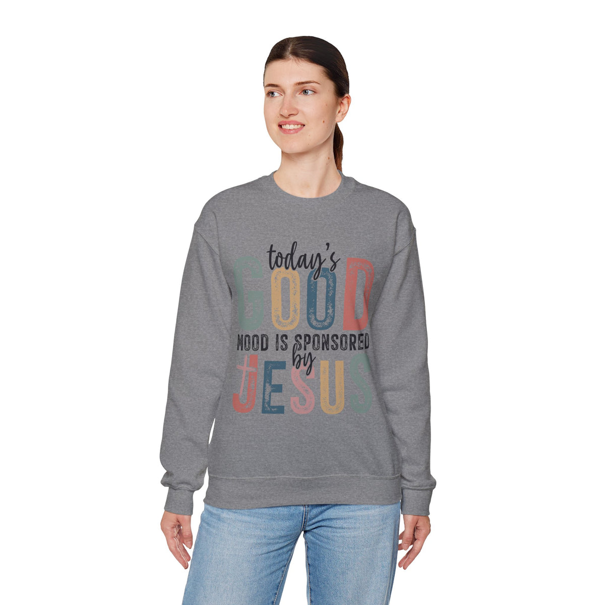 Today's Good Mood Sponsored By Jesus, Christian, Faith – Gildan Heavy Blend | Trendy Women’s Soft Sweatshirt. Direct to Garment. Printed & Shipped in the USA. Unisex Sizes.
