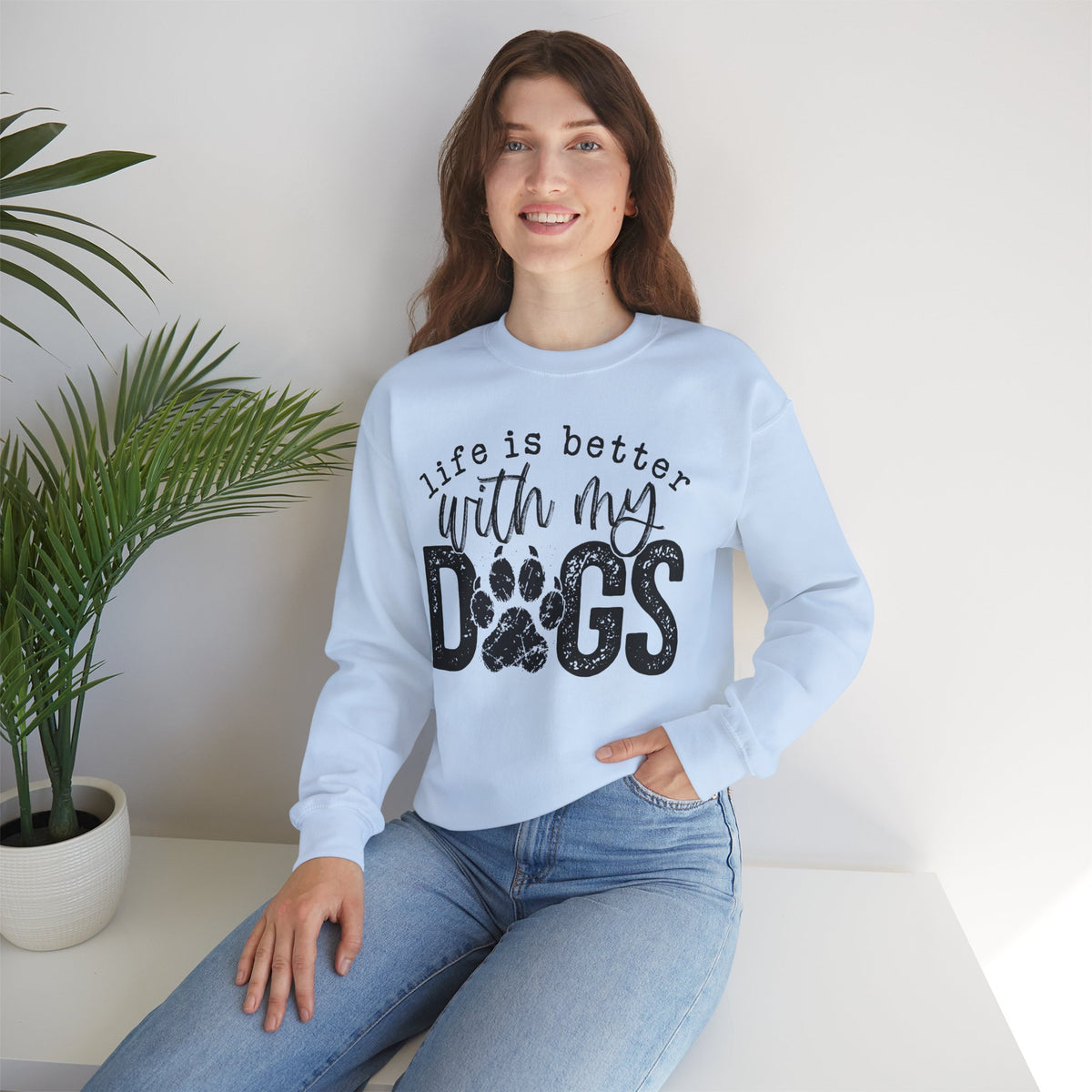 Life Is Better With My Dogs, Distressed – Gildan Heavy Blend | Trendy Women’s and Men's Soft Sweatshirt. Direct to Garment. Printed & Shipped in the USA. Unisex Sizes.