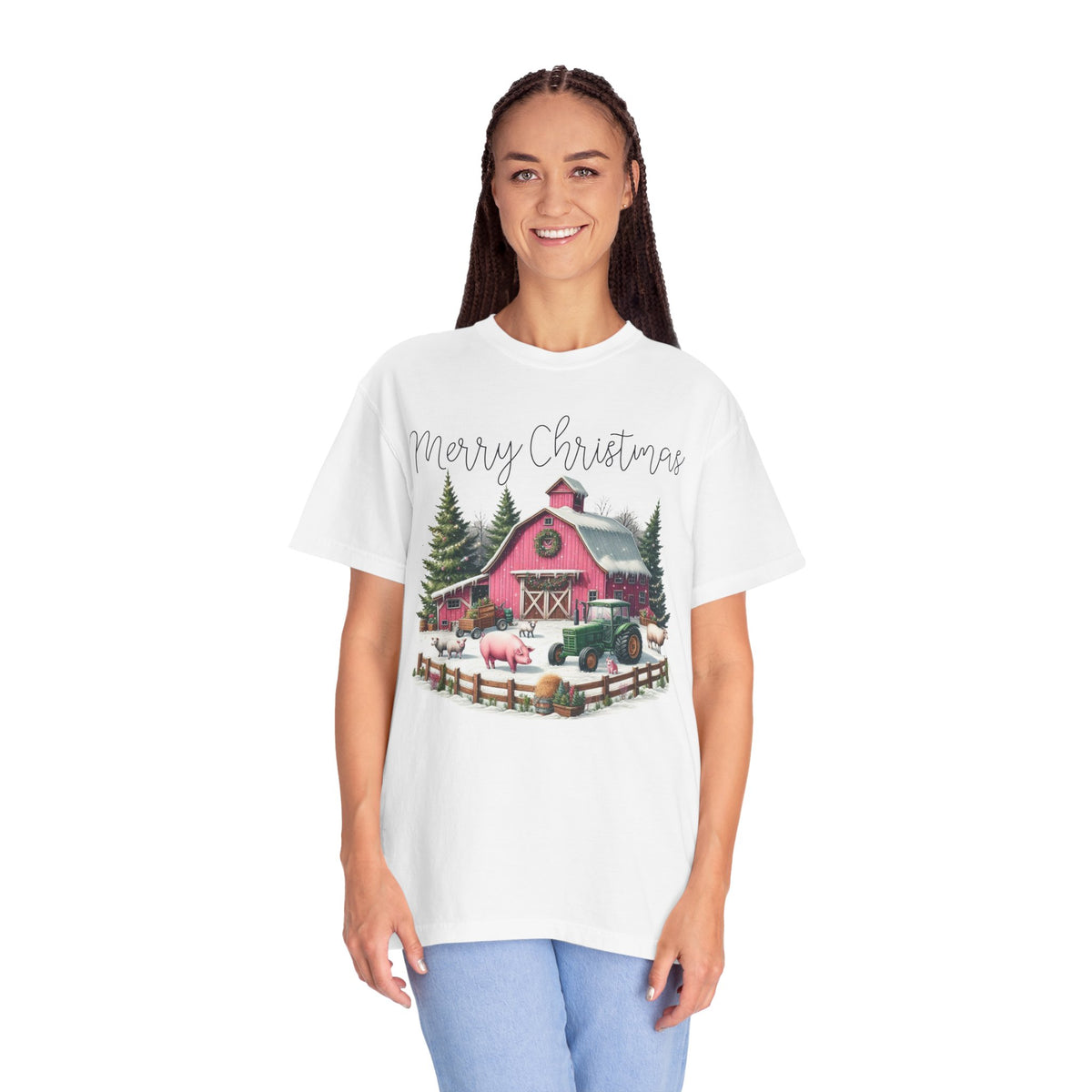 Merry Christmas Pink Barn Farm Animals - Comfort Colors | Trendy Women's T-Shirt. Direct to Garment. Printed & Shipped in the USA. Unisex Sizes.