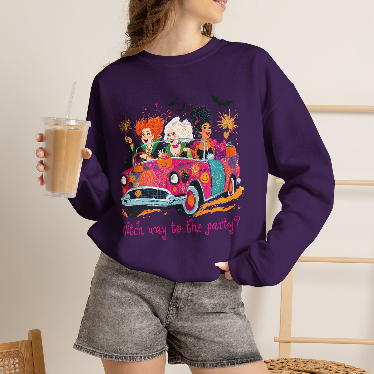 Witch Way to the Party? – Gildan Heavy Blend | Trendy Women’s Soft Sweatshirt. Direct to Garment. Printed & Shipped in the USA. Unisex Sizes.
