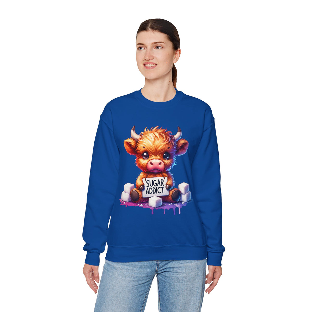Sugar Addict Highland Cow – Gildan Heavy Blend | Trendy Women’s Soft Sweatshirt. Direct to Garment. Printed & Shipped in the USA. Unisex Sizes.