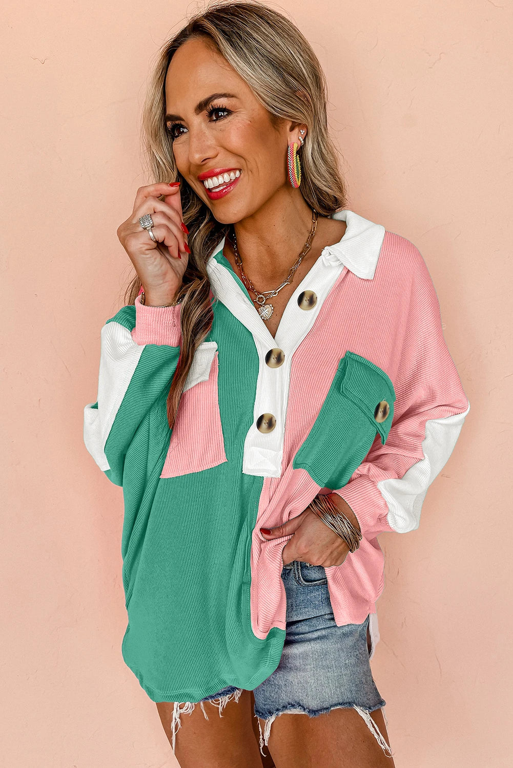 Pink Colorblock Ribbed Collared Oversized Sweatshirt