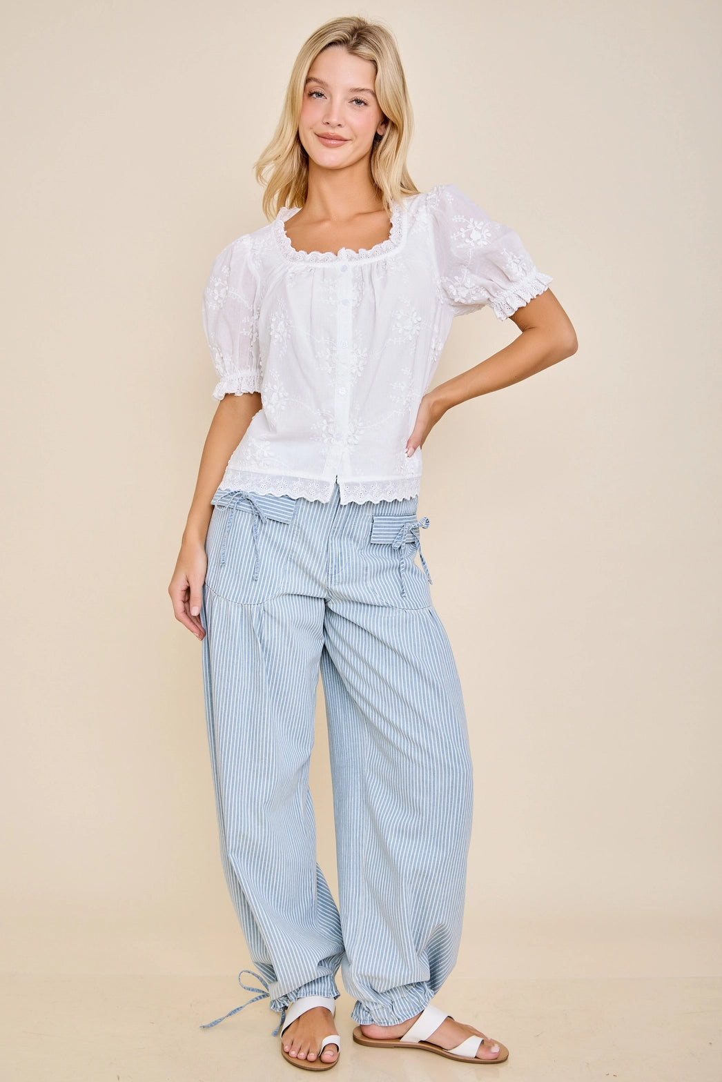 Striped Soft-Denim Balloon Pants with Front Patch Pockets & Faux Back Pockets