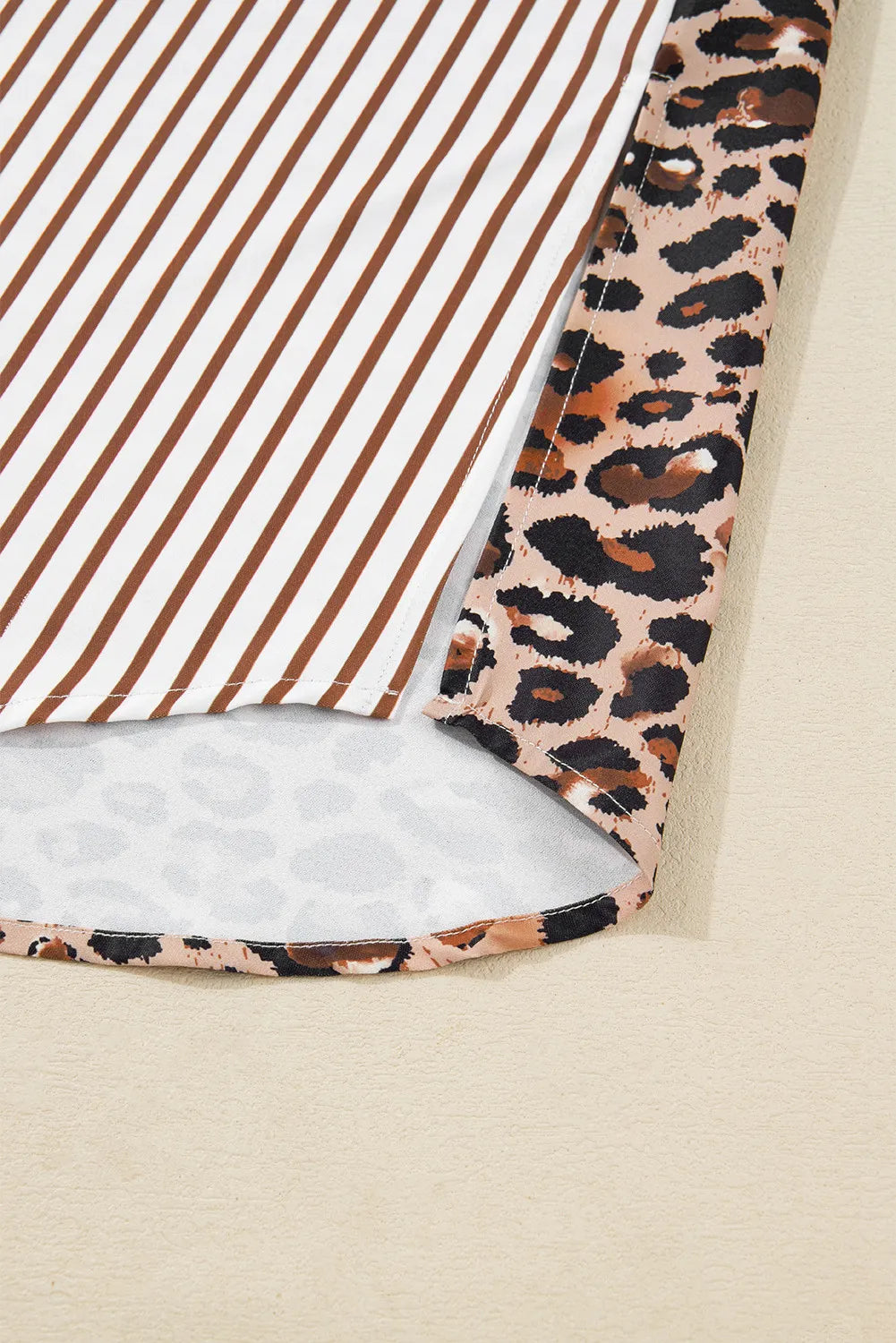Brown & White Striped and Leopard Print Shirt Dress with Pockets
