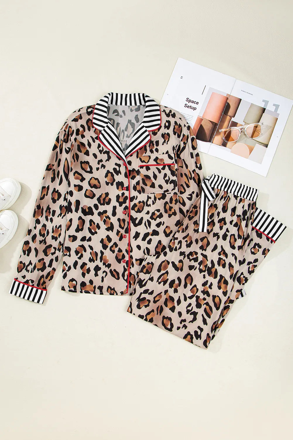 Leopard Print with Black/White Striped Accents 2pc Pants Pajama Set