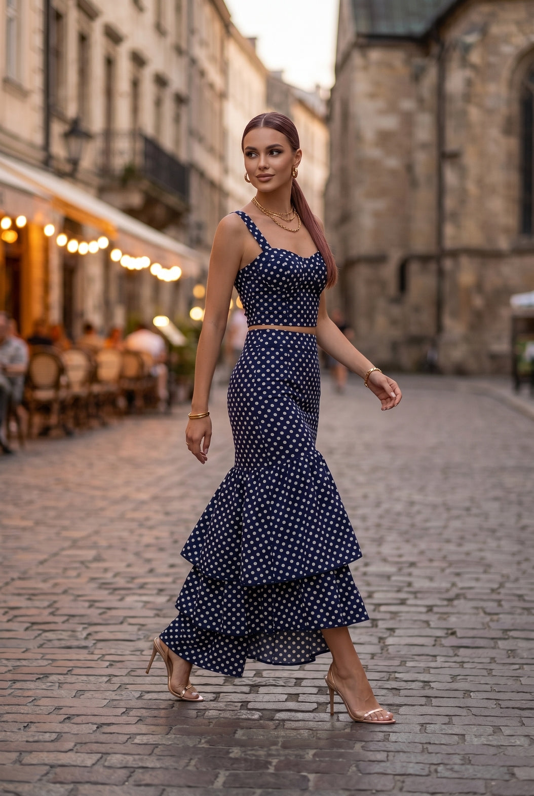Polka Dot (100% Cotton) Cascading Tiered Maxi Skirt - Navy