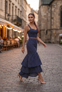 Polka Dot (100% Cotton) Cascading Tiered Maxi Skirt - Navy