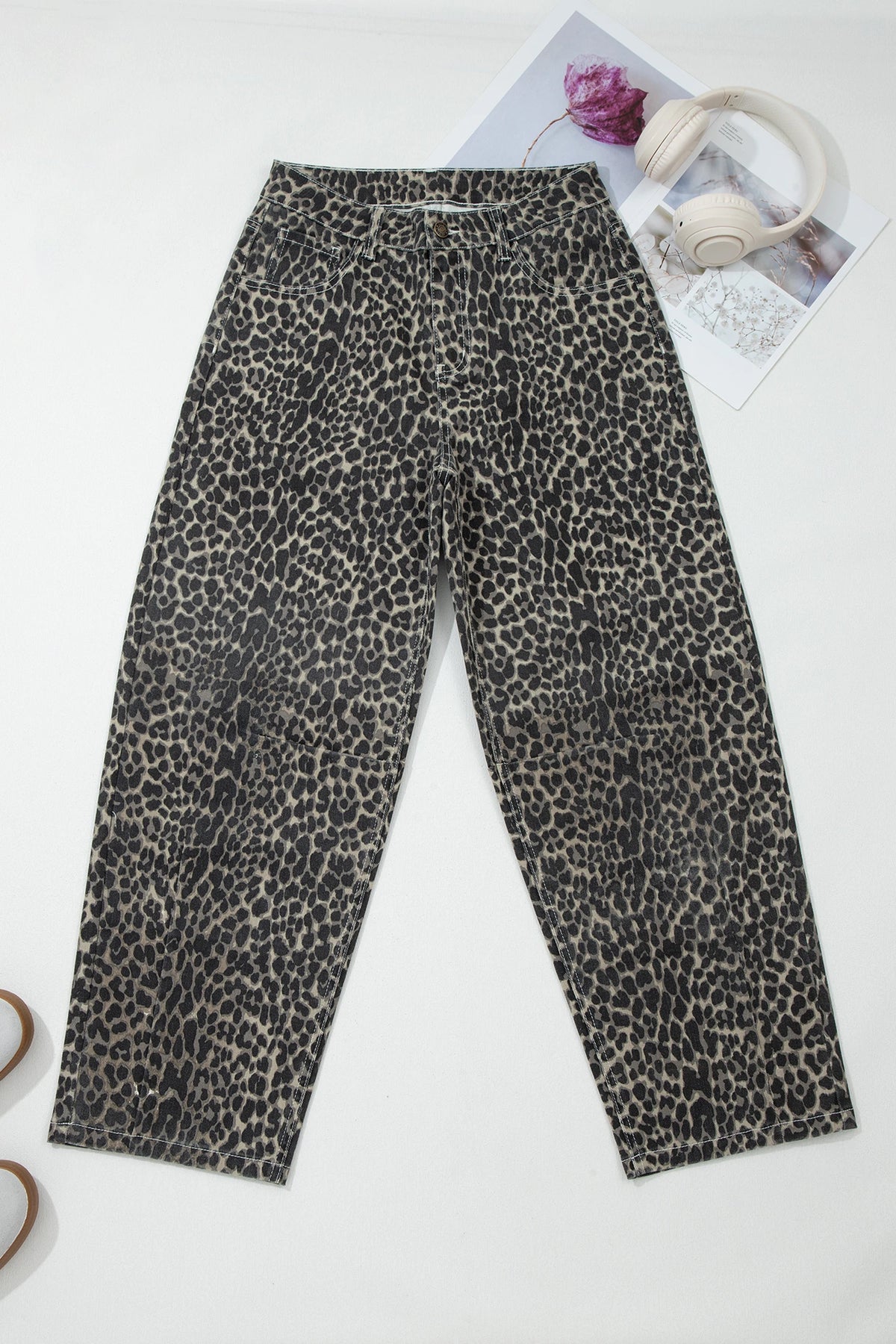 High-Rise Black Leopard Print Barrel Jeans