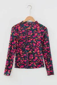 All-Over Bright Floral Mock Neck Mesh Long Sleeve Top