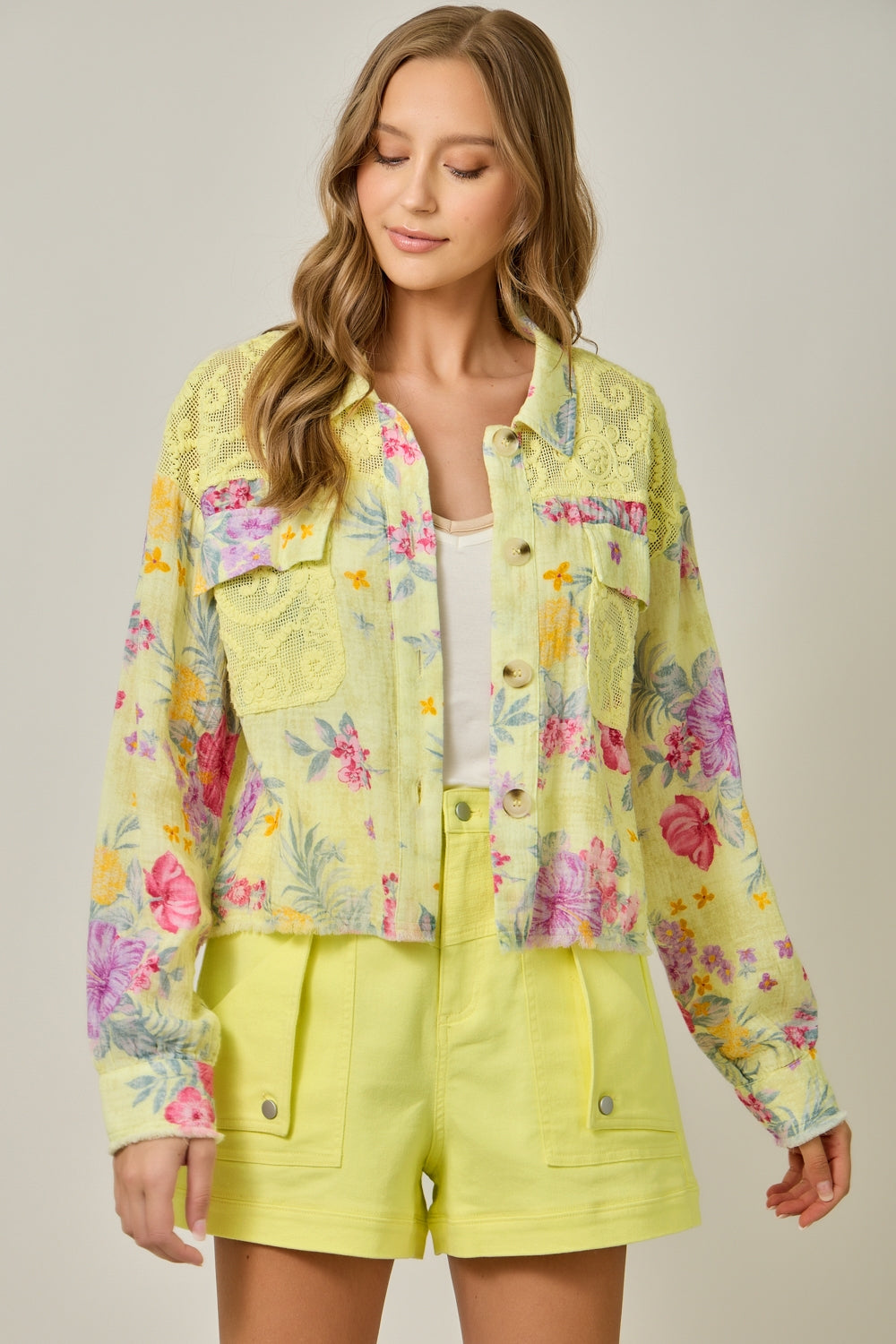 Bright Yellow Floral 100% Cotton and Lace Lightweight Jacket
