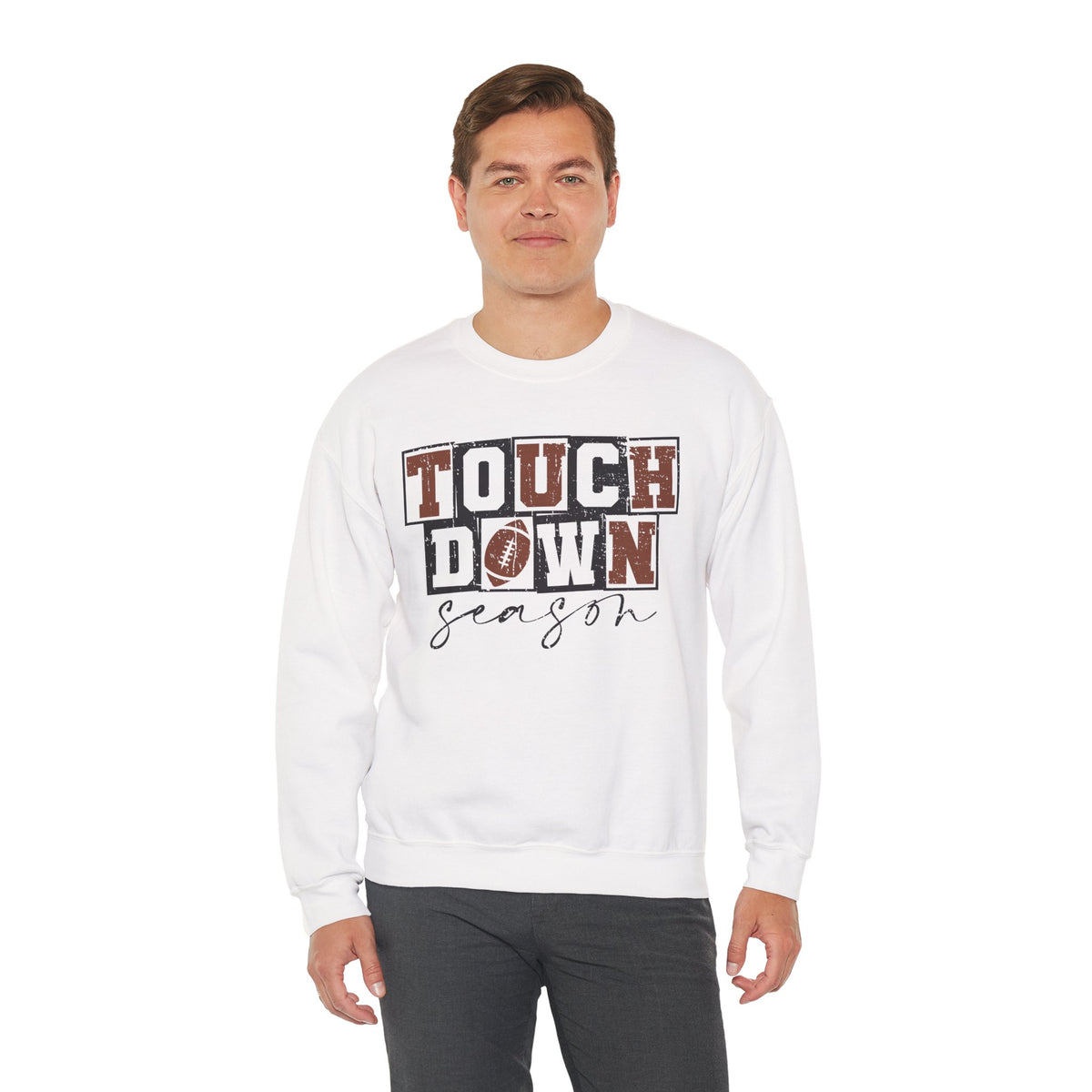 Touchdown Season - Distressed – Gildan Heavy Blend | Trendy Men's and Women’s Soft Sweatshirt. Direct to Garment. Printed & Shipped in the USA. Unisex Sizes.