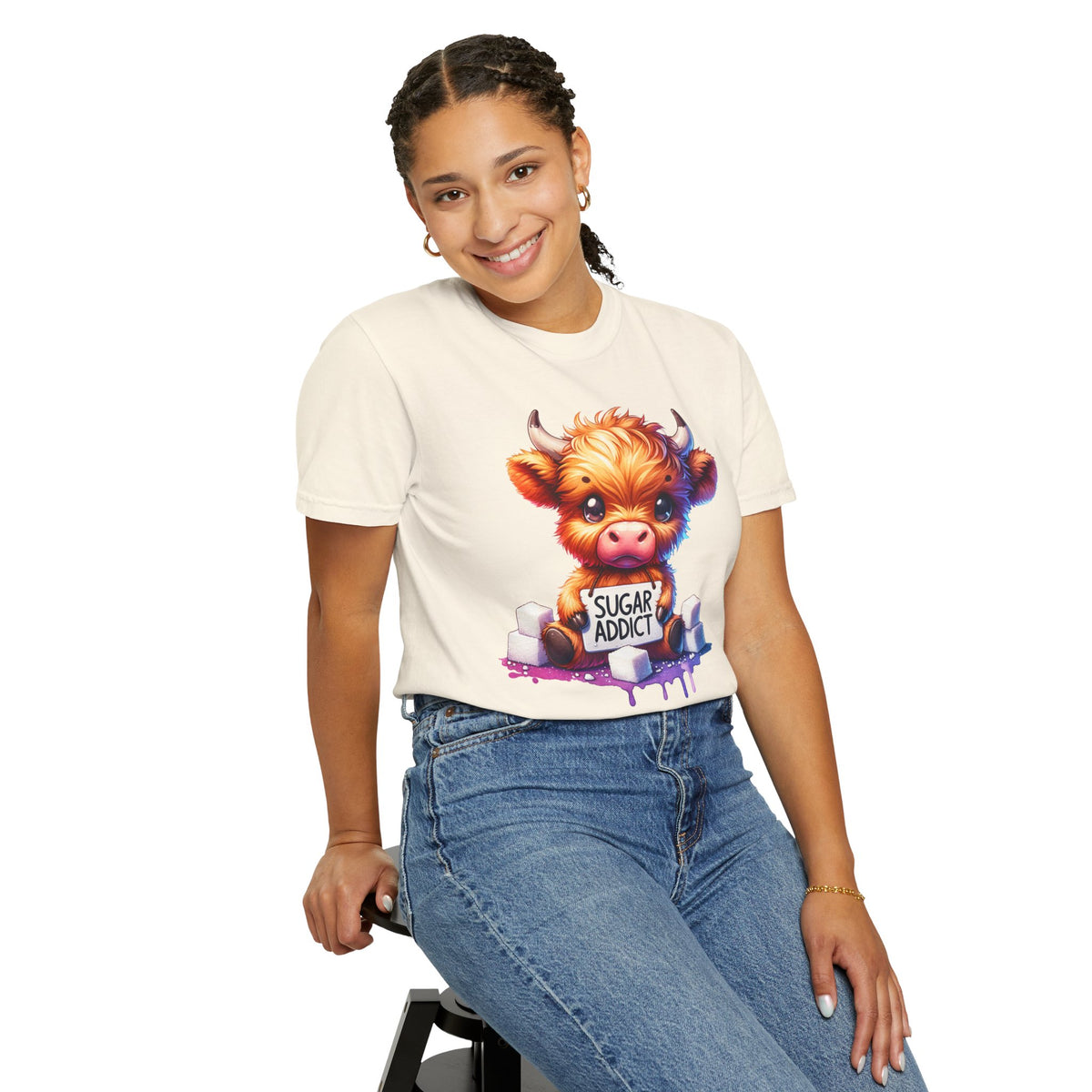 Sugar Addict Highland Cow - Comfort Colors | Trendy Women's T-Shirt. Direct to Garment. Printed & Shipped in the USA. Unisex Sizes.