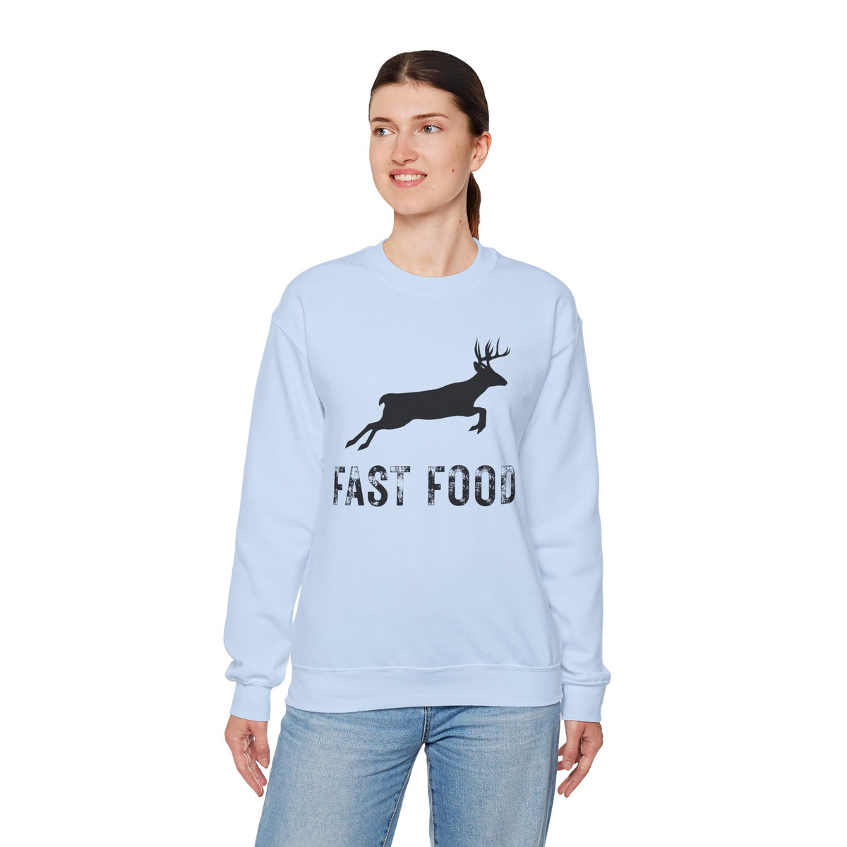 Fast Food Deer Hunting Humor Distressed – Gildan Heavy Blend | Trendy Men's and Women’s Soft Sweatshirt. Direct to Garment. Printed & Shipped in the USA. Unisex Sizes.