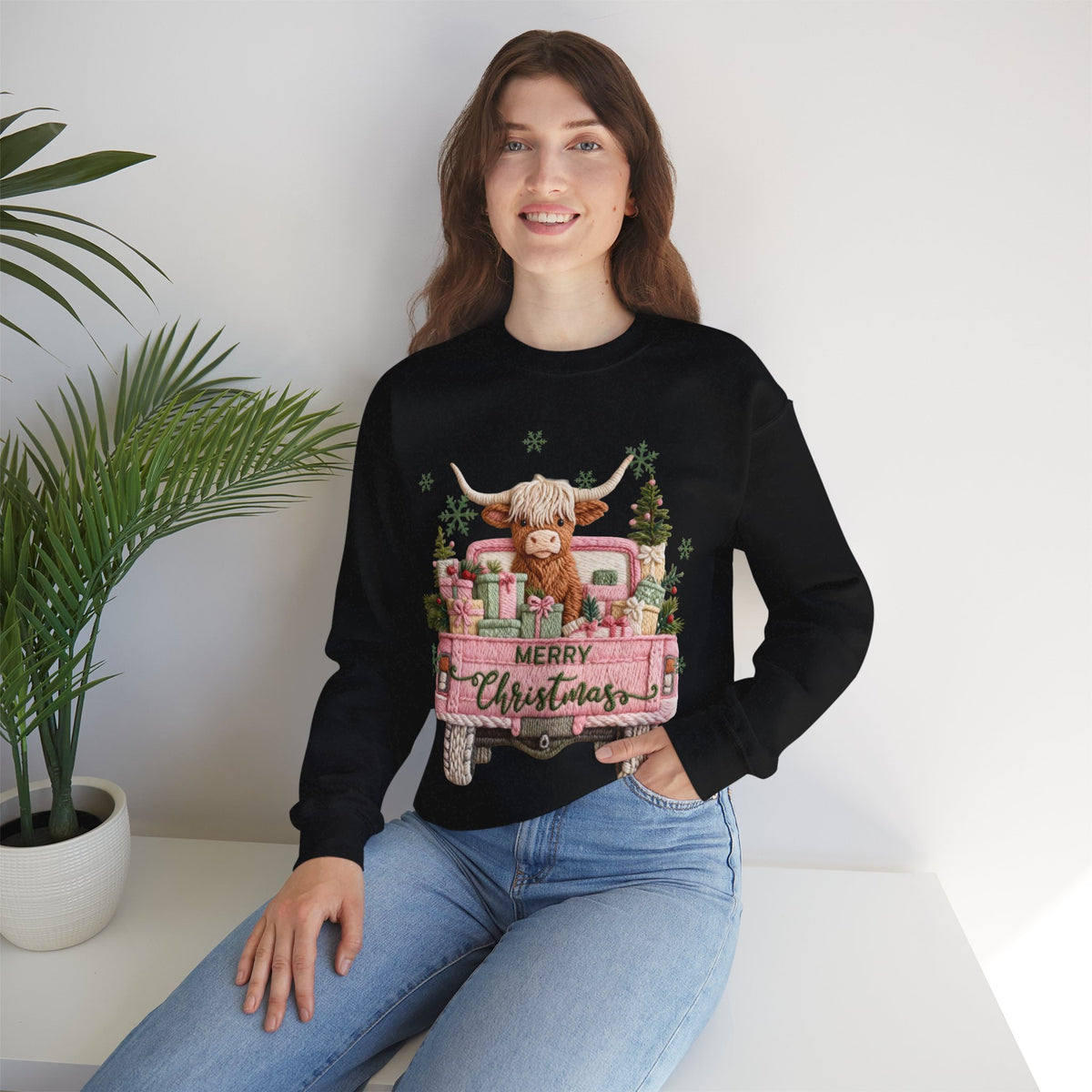 Highland Cow in Pink Truck Merry Christmas Holiday Farmhouse – Gildan Heavy Blend | Trendy Women’s Soft Sweatshirt. Direct to Garment. Printed & Shipped in the USA. Unisex Sizes.