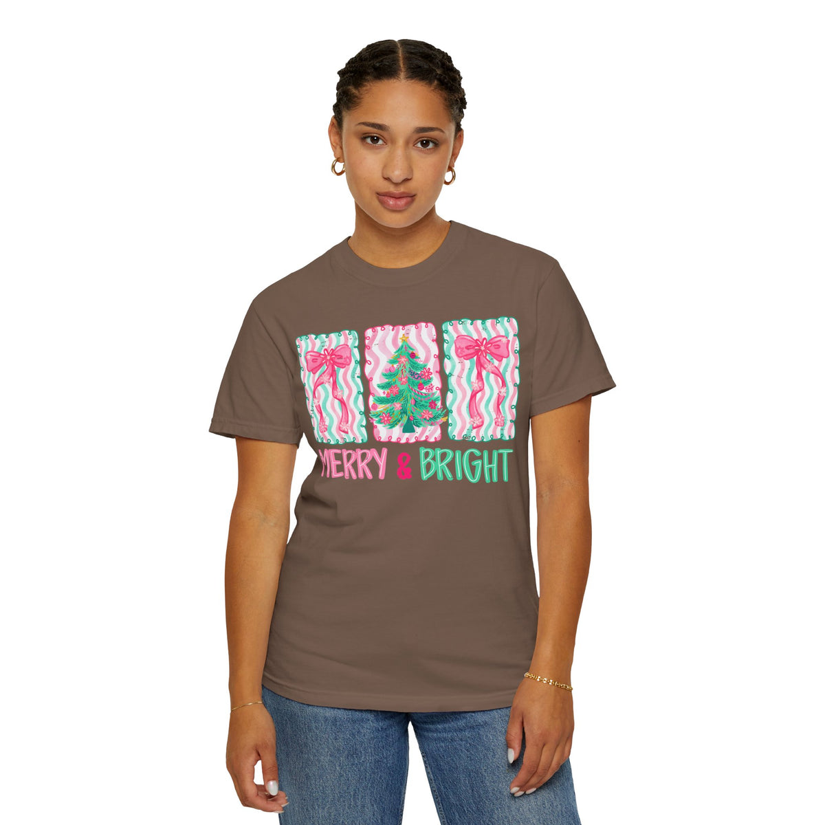 Merry & Bright Christmas — Pink & Green Holiday Tree Design - Comfort Colors | Trendy Women's T-Shirt. Direct to Garment. Printed & Shipped in the USA. Unisex Sizes.