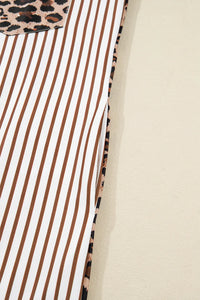 Brown & White Striped and Leopard Print Shirt Dress with Pockets