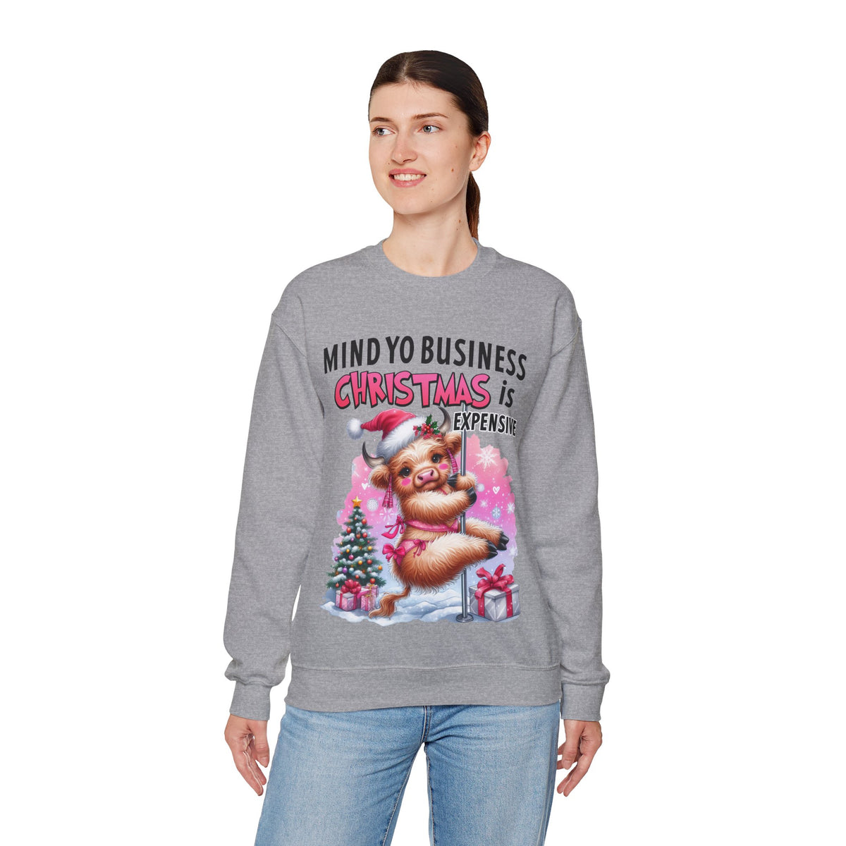 Highland Cow Mind Yo Business Christmas is Expensive – Gildan Heavy Blend | Trendy Women’s Soft Sweatshirt. Direct to Garment. Printed & Shipped in the USA. Unisex Sizes.