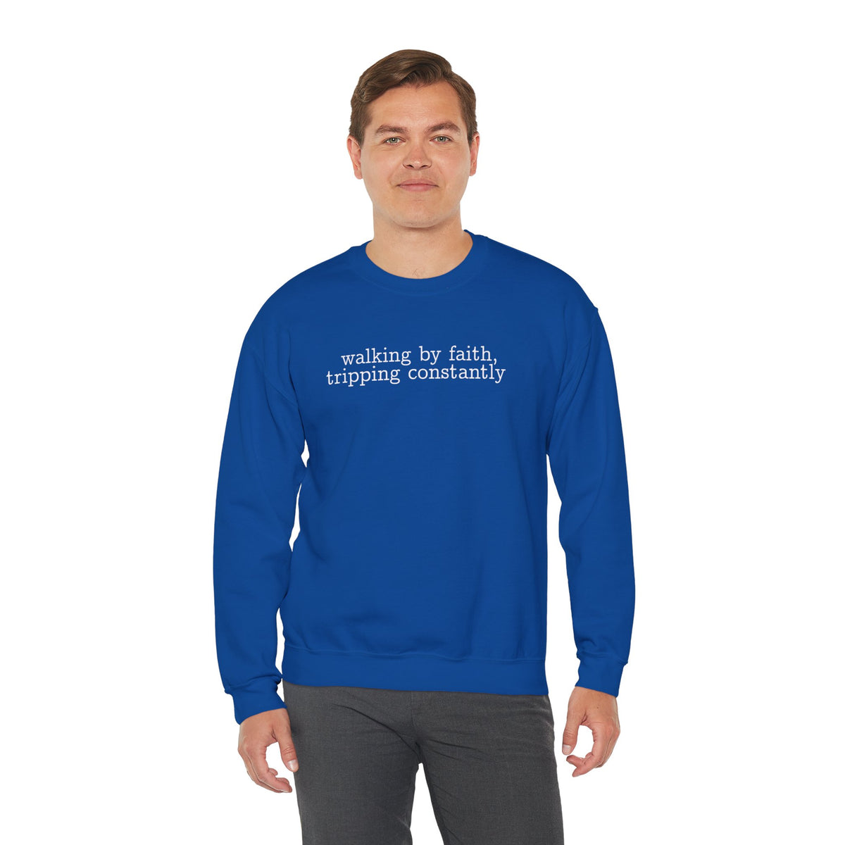 Walking By Faith, Tripping Constantly - Minimalist Design – Gildan Heavy Blend | Trendy Men's and Women’s Soft Sweatshirt. Direct to Garment. Printed & Shipped in the USA. Unisex Sizes.
