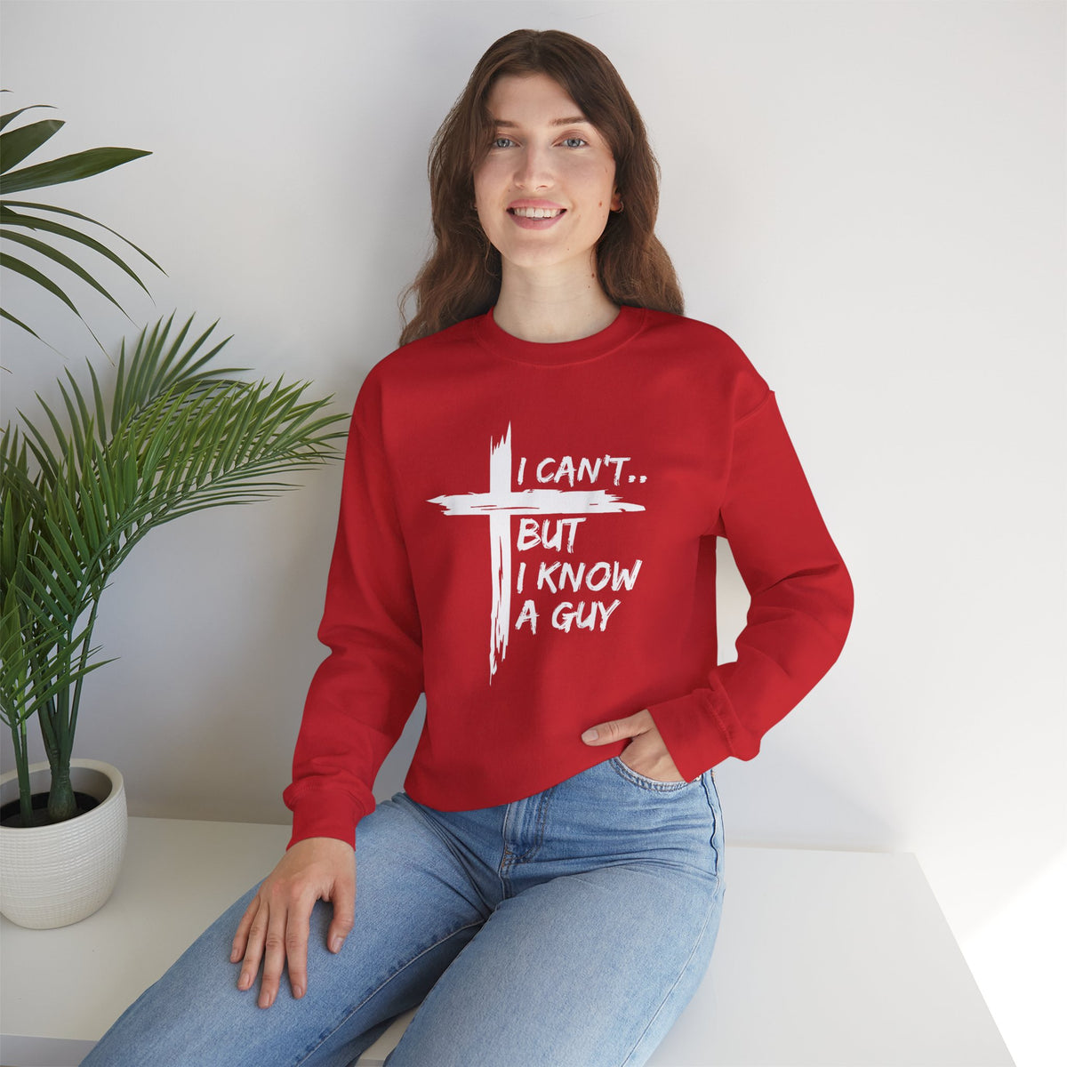 I Can't But I Know A Guy, Faith Cross Christian Jesus – Gildan Heavy Blend | Trendy Women’s and Men's Soft Sweatshirt. Direct to Garment. Printed & Shipped in the USA. Unisex Sizes.