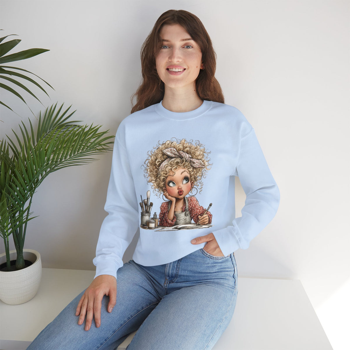 Cute Artist Curly Girl – Gildan Heavy Blend | Trendy Women’s Soft Sweatshirt. Direct to Garment. Printed & Shipped in the USA. Unisex Sizes.