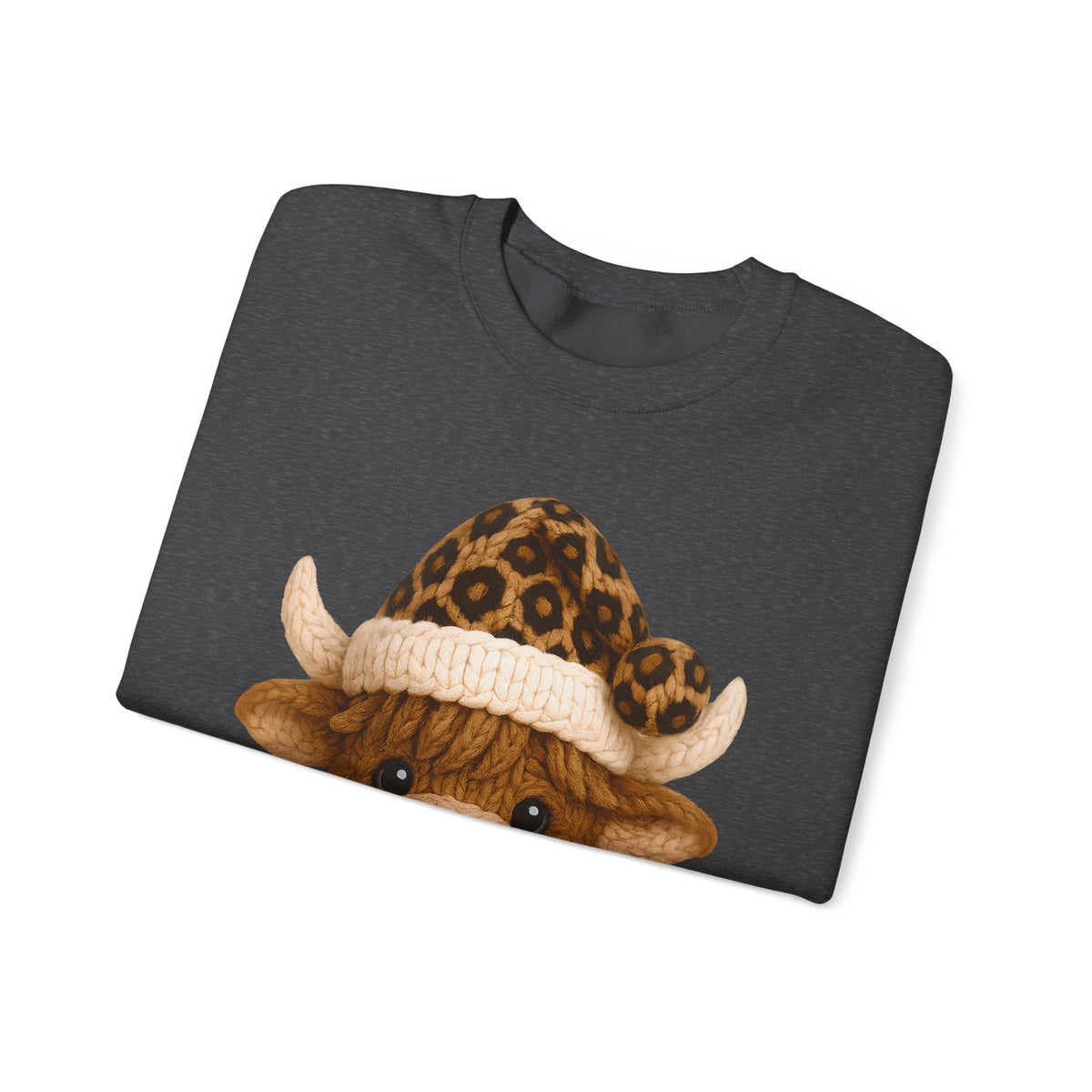 Cute Highland Cow with Leopard Santa Hat Christmas – Gildan Heavy Blend | Trendy Women’s Soft Sweatshirt. Direct to Garment. Printed & Shipped in the USA. Unisex Sizes.