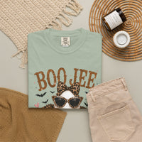BooJee Ghost with Coffee - Halloween - Comfort Colors | Trendy Women's T-Shirt. Direct to Garment. Printed & Shipped in the USA. Unisex Sizes.