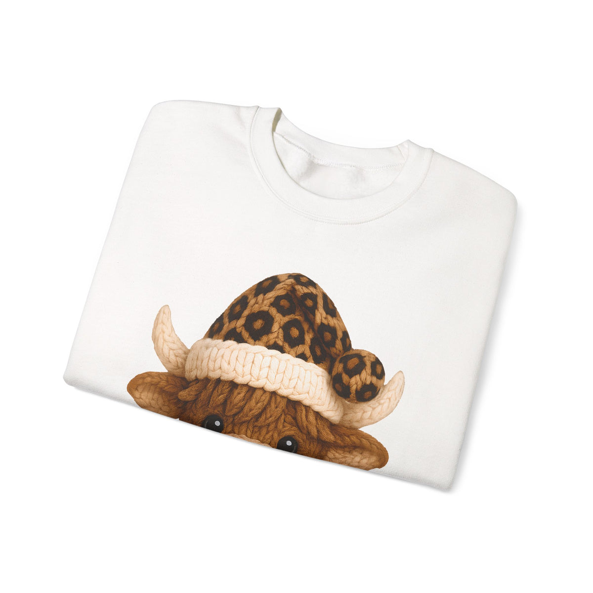 Cute Highland Cow with Leopard Santa Hat Christmas – Gildan Heavy Blend | Trendy Women’s Soft Sweatshirt. Direct to Garment. Printed & Shipped in the USA. Unisex Sizes.