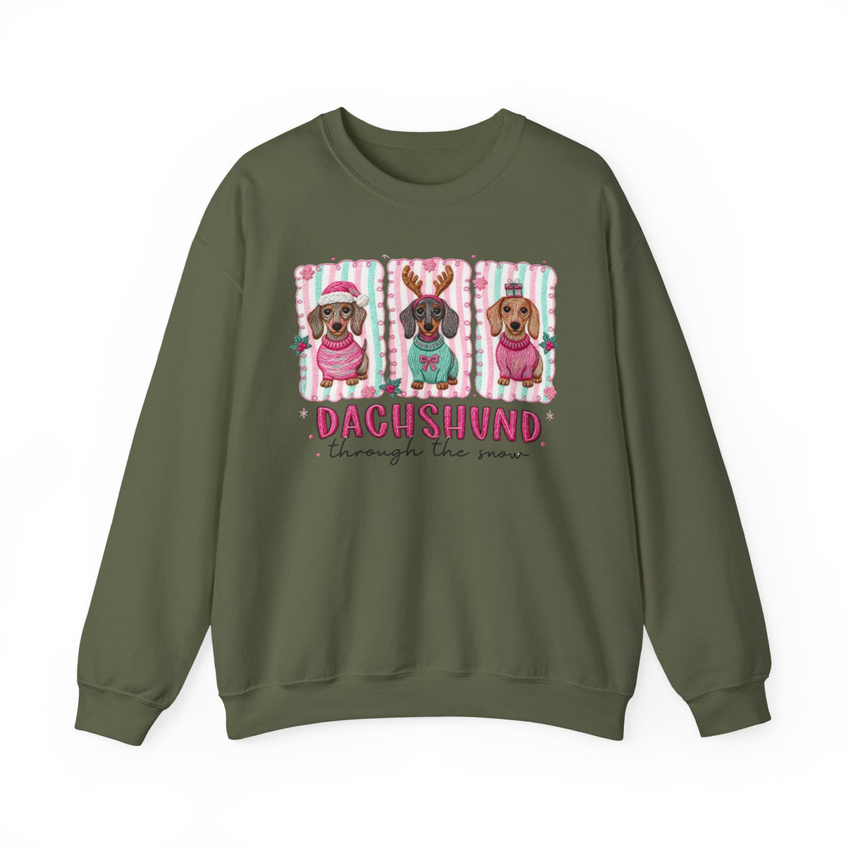 Dachshund Through the Snow – Gildan Heavy Blend | Trendy Women’s Soft Sweatshirt. Direct to Garment. Printed & Shipped in the USA. Unisex Sizes.