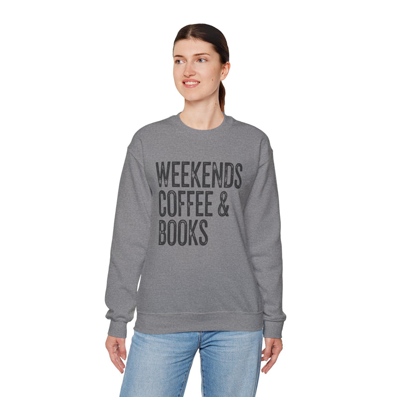 Weekends, Coffee & Books – Gildan Heavy Blend | Trendy Women’s and Men's Soft Sweatshirt. Direct to Garment. Printed & Shipped in the USA. Unisex Sizes.