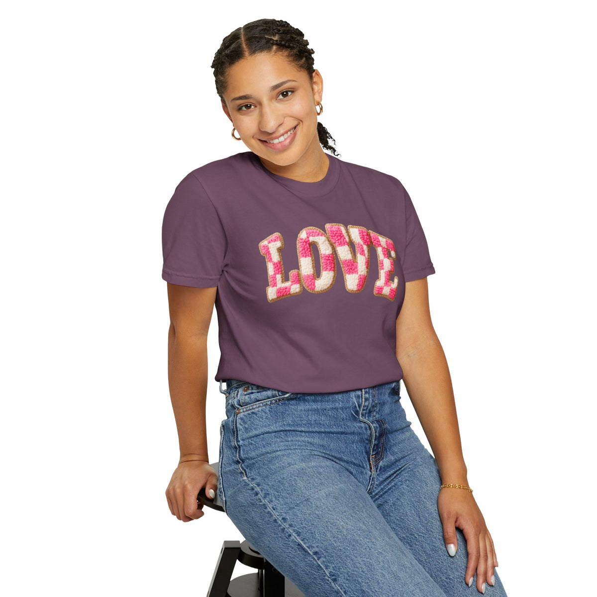 Faux Crochet Checkered LOVE - Comfort Colors | Trendy Women's T-Shirt. Direct to Garment. Printed & Shipped in the USA. Unisex Sizes.