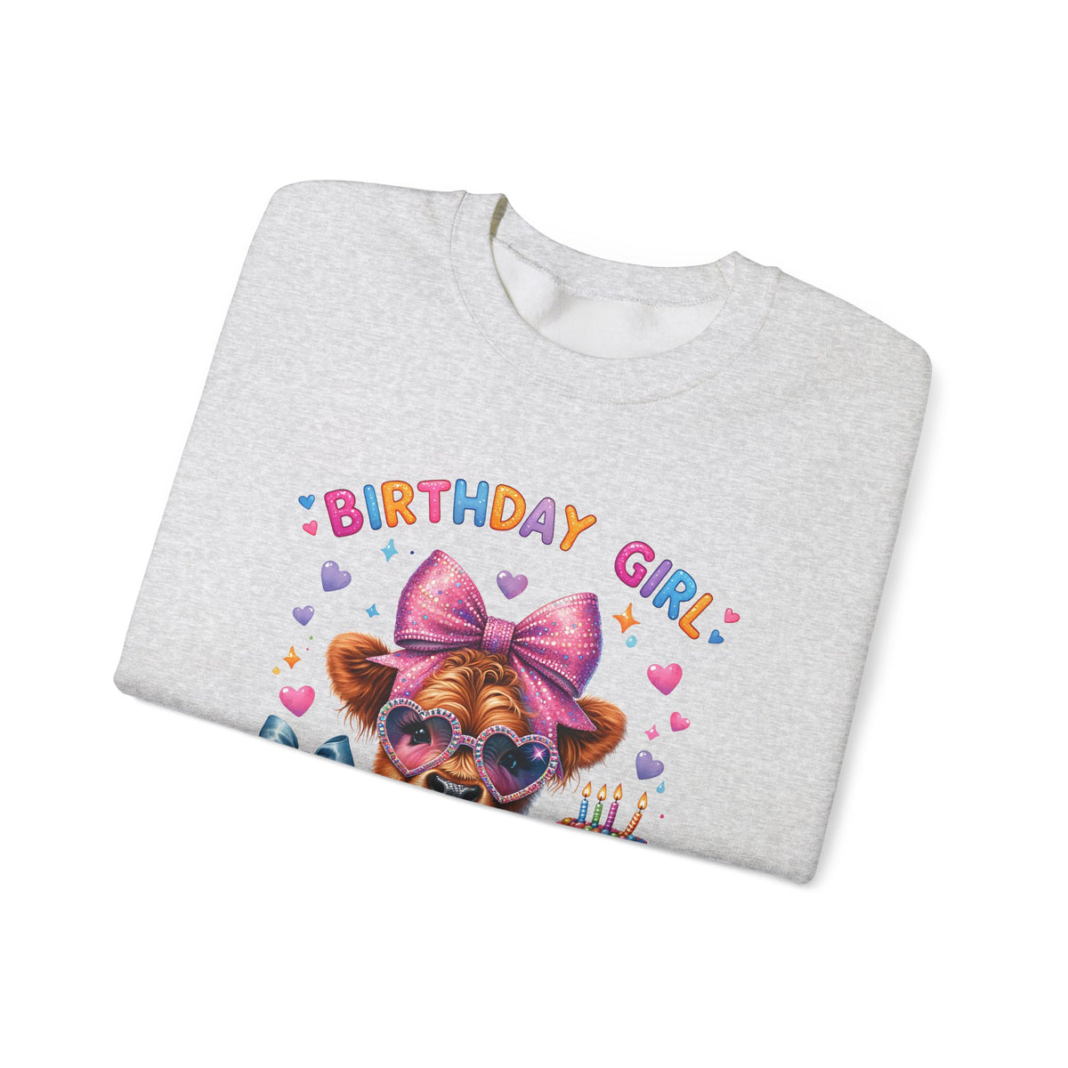 Birthday Girl, Highland Cow – Gildan Heavy Blend | Trendy Women’s Soft Sweatshirt. Direct to Garment. Printed & Shipped in the USA. Unisex Sizes.