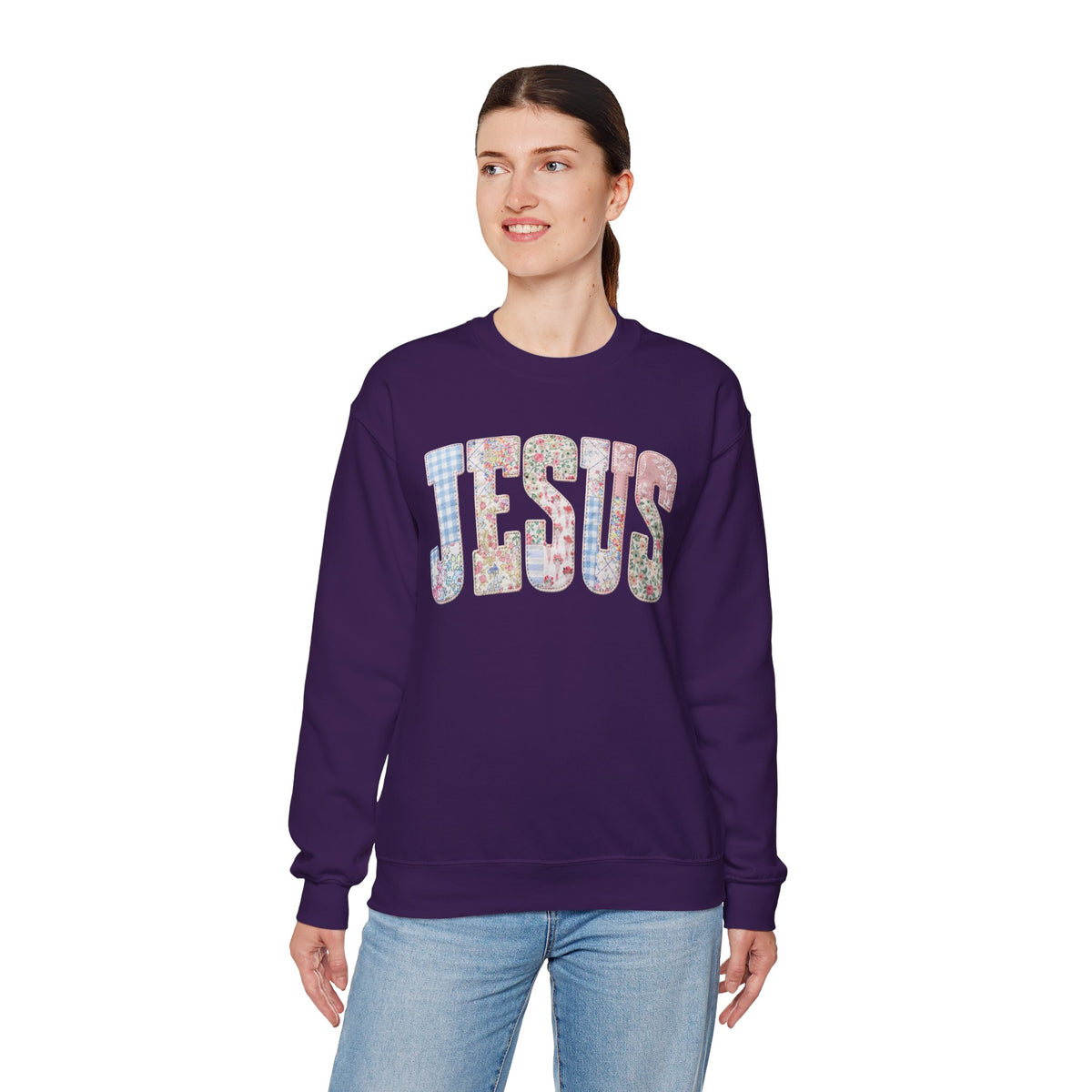 Jesus faux Patchwork – Gildan Heavy Blend | Trendy Women’s Soft Sweatshirt. Direct to Garment. Printed & Shipped in the USA. Unisex Sizes.