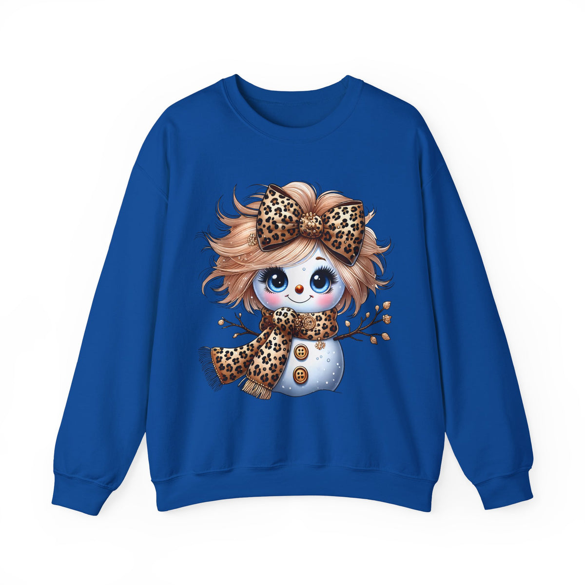 Snowgirl Cute Leopard Bow Snowman, Winter Cozy – Gildan Heavy Blend | Trendy Women’s Soft Sweatshirt. Direct to Garment. Printed & Shipped in the USA. Unisex Sizes.