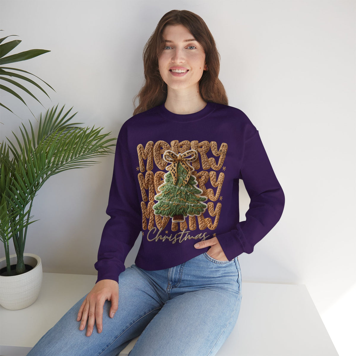Merry Merry Merry Christmas, Faux Latch Hook Yarn – Gildan Heavy Blend | Trendy Women’s Soft Sweatshirt. Direct to Garment. Printed & Shipped in the USA. Unisex Sizes.