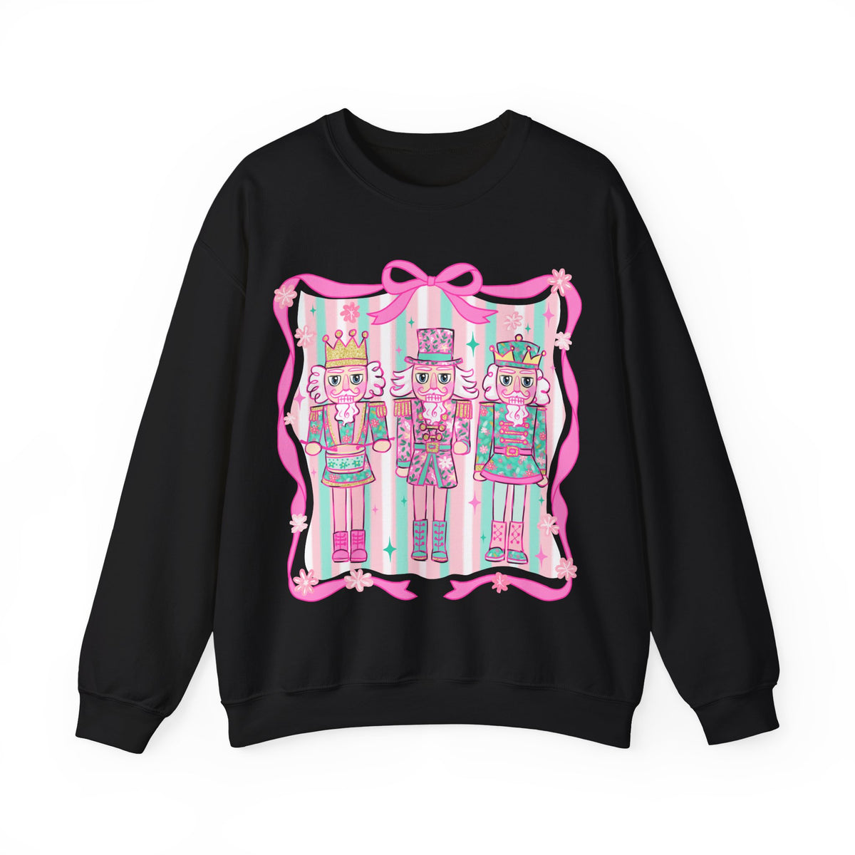 Coquette Pastel Christmas Nutcracker Trio Pink and Green – Gildan Heavy Blend | Trendy Women’s Soft Sweatshirt. Direct to Garment. Printed & Shipped in the USA. Unisex Sizes.