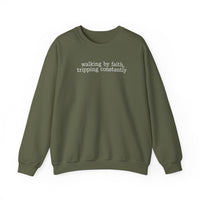 Walking By Faith, Tripping Constantly - Minimalist Design – Gildan Heavy Blend | Trendy Men's and Women’s Soft Sweatshirt. Direct to Garment. Printed & Shipped in the USA. Unisex Sizes.