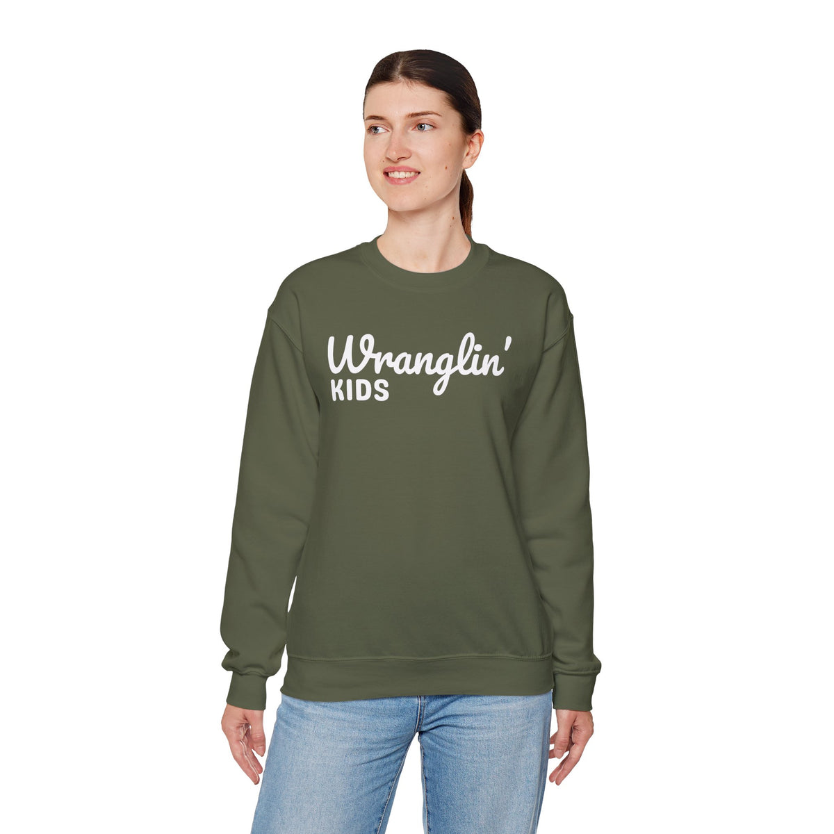 Wranglin' Kids Funny Mom Dad – Gildan Heavy Blend | Trendy Women’s and Men's Soft Sweatshirt. Direct to Garment. Printed & Shipped in the USA. Unisex Sizes.