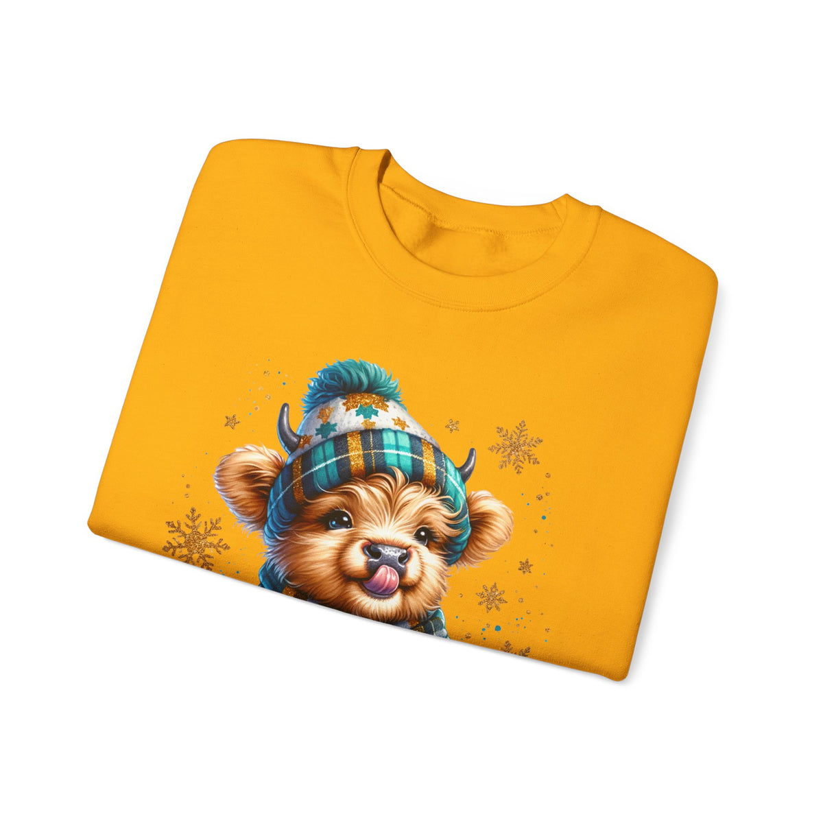 Winter Baby Highland Cow with Cocoa – Gildan Heavy Blend | Trendy Women’s Soft Sweatshirt. Direct to Garment. Printed & Shipped in the USA. Unisex Sizes.